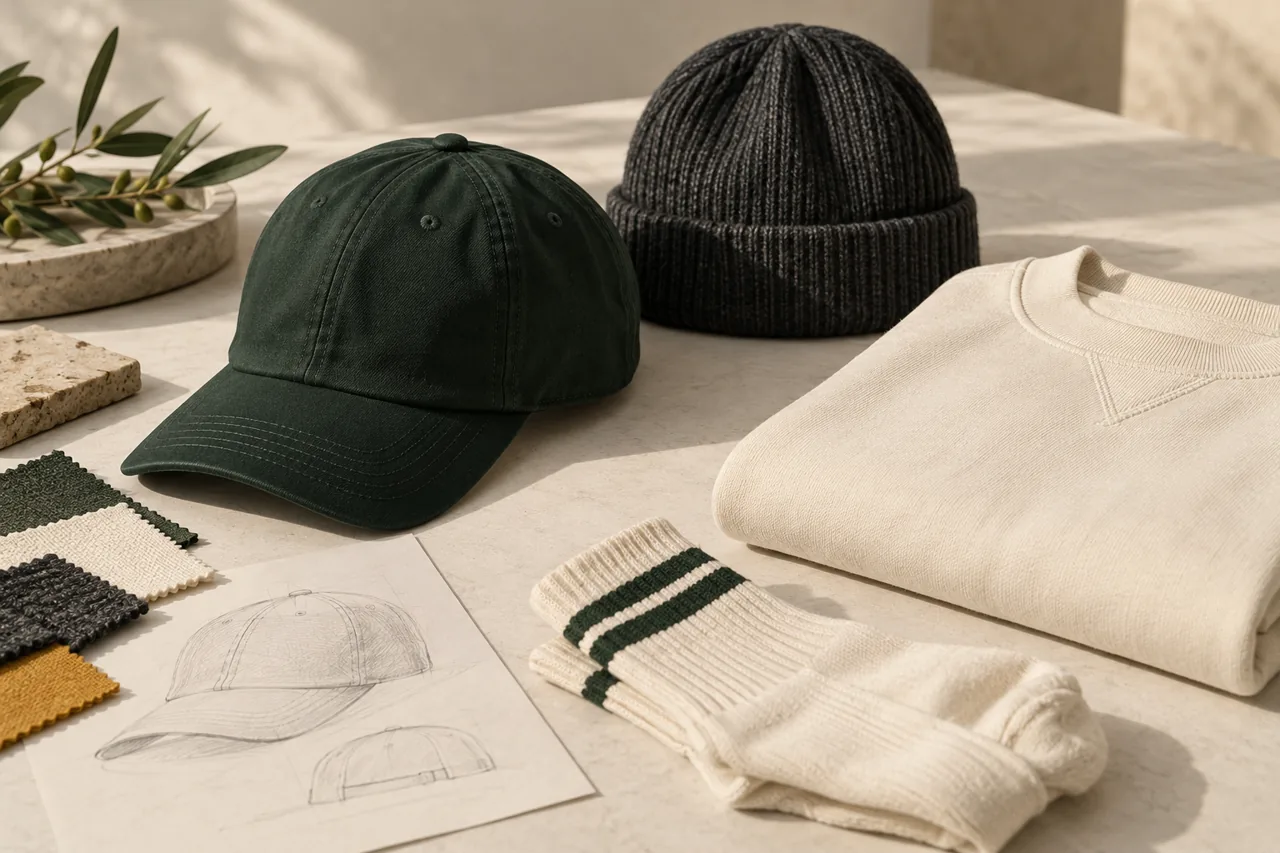 Prodotti custom 2 Esempio illustrativo di cappellino, berretto, felpa e calzini